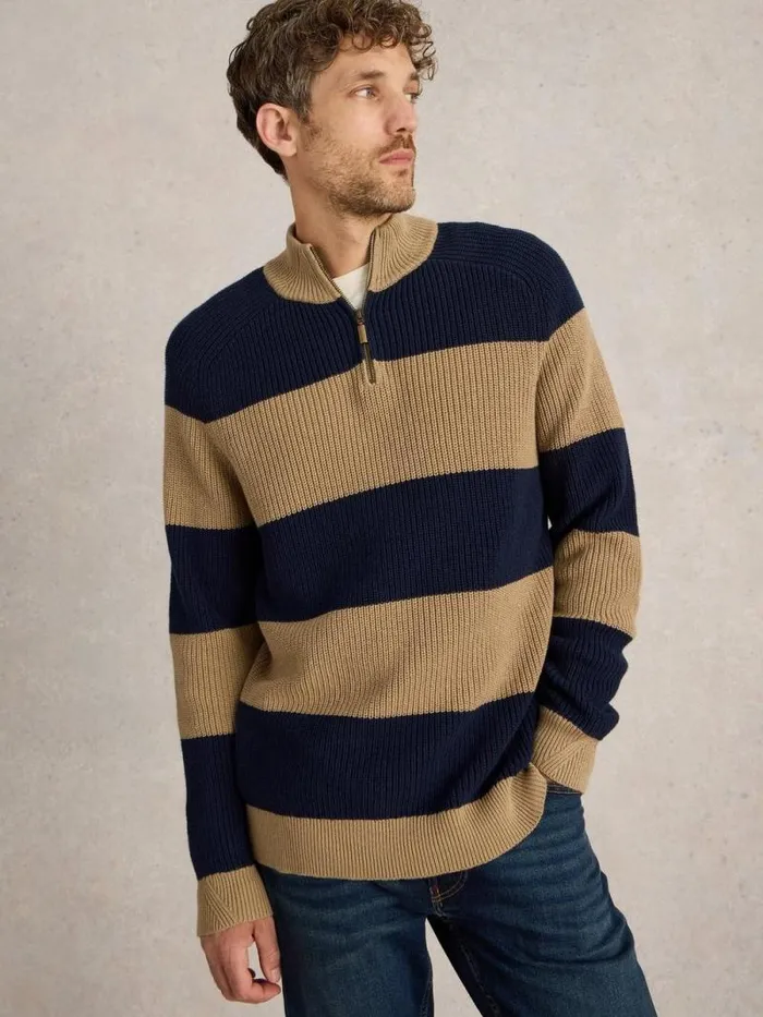Men Block Stripe Funnel Neck Tan Multi White Stuff Knitwear Men Block Stripe Funnel Neck Tan Multi White Stuff Knitwear