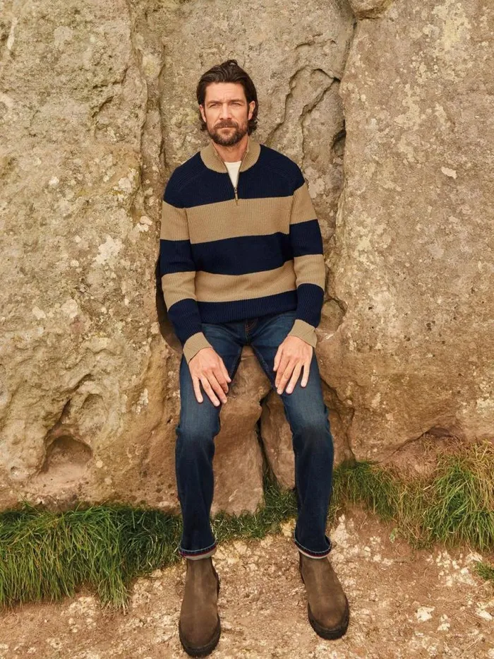 Men Block Stripe Funnel Neck Tan Multi White Stuff Knitwear Men Block Stripe Funnel Neck Tan Multi White Stuff Knitwear