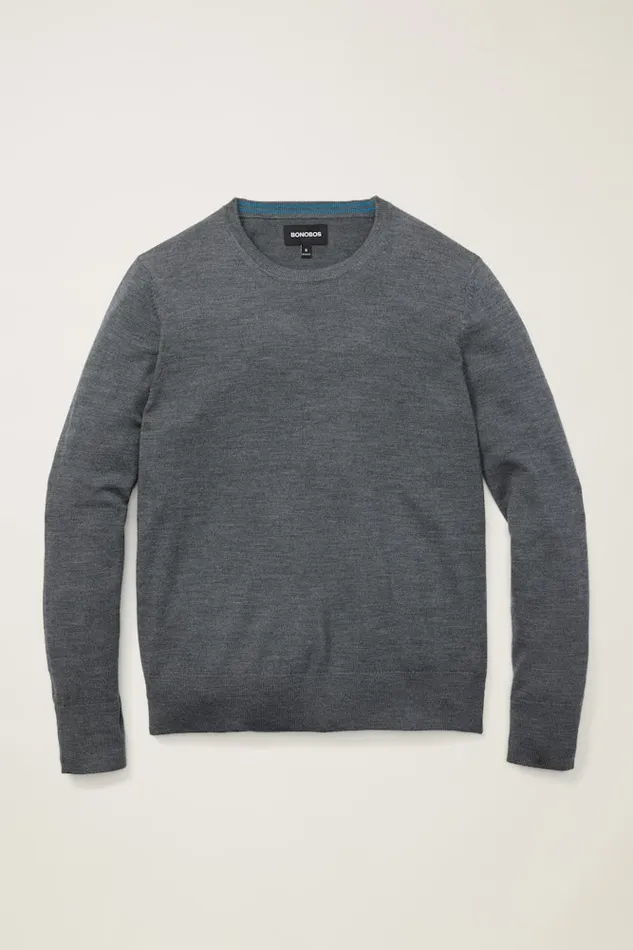Men Bonobos Crew and VNeck Sweaters Washable Merino Crew Neck Sweater Charcoal Grey