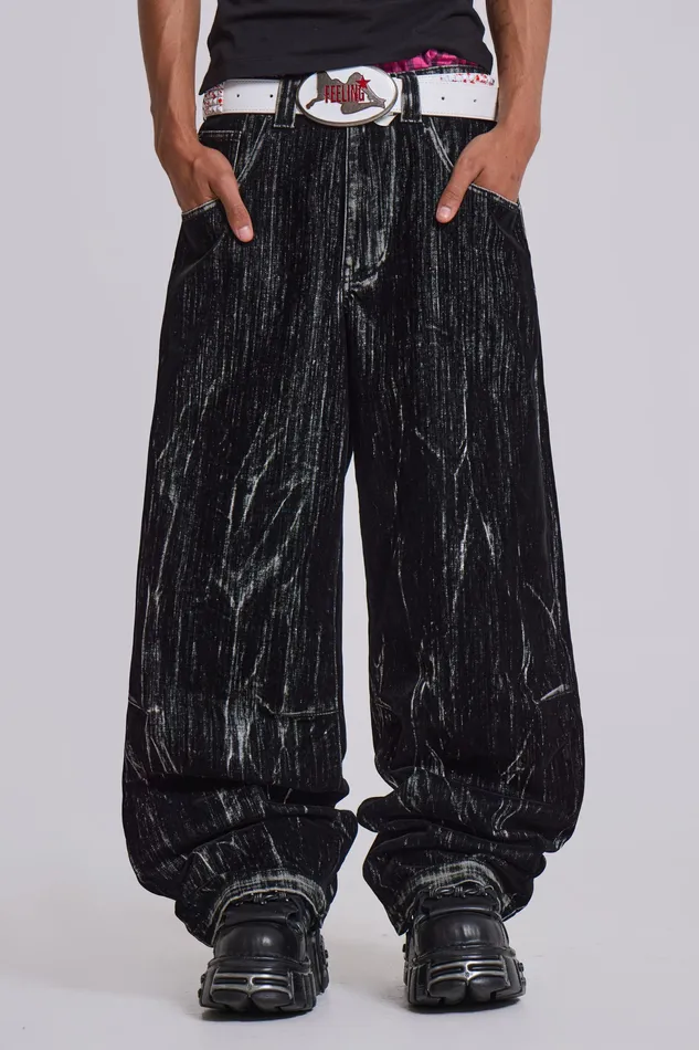 Men Denim Jaded London Black Flock Colossus Jeans