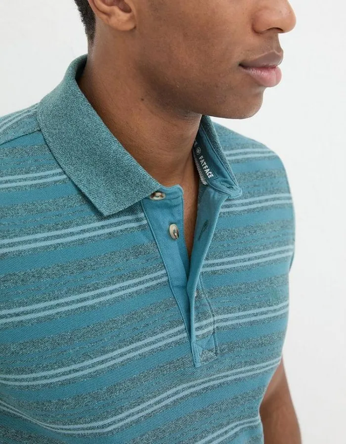 Men FatFace Polo Shirts Stripe Pique Polo Teal Blue