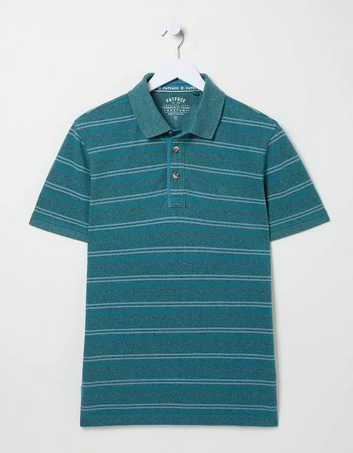 Men FatFace Polo Shirts Stripe Pique Polo Teal Blue