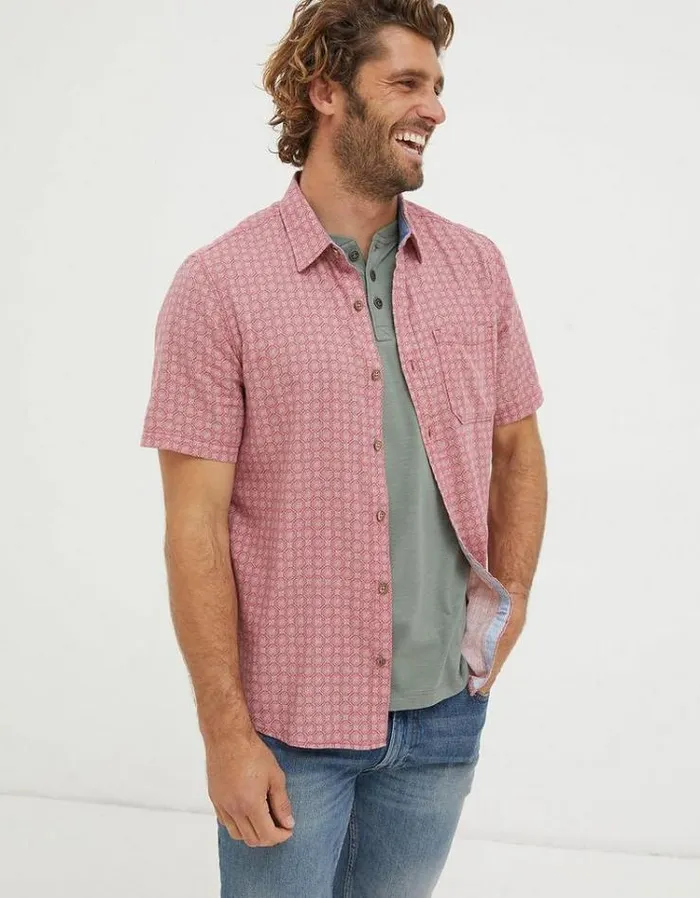 Men FatFace Vacation Shop Linear Print Shirt Light Pink