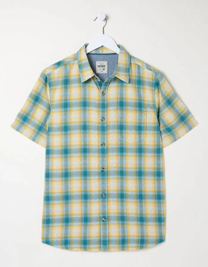Men FatFace Vacation Shop Short Sleeve Chatley Check Shirt Yellow