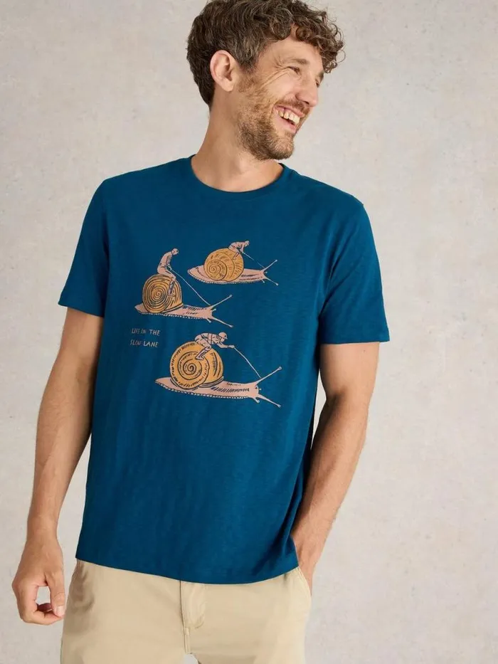 Men Slow Lane Graphic Tee Teal Print White Stuff TShirts
