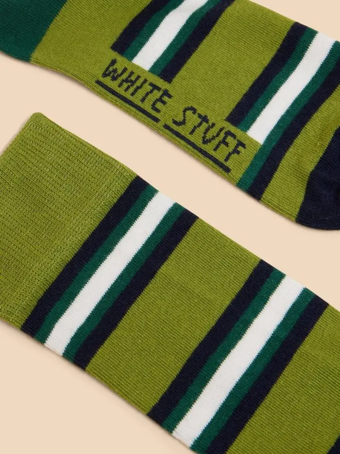 Men Spaced Stripe Ankle Sock Green Multi White Stuff Socks
