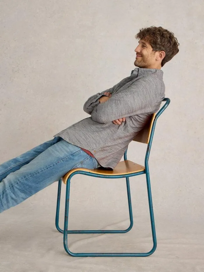 Men Textured Slub LS Shirt Light Grey White Stuff Shirts
