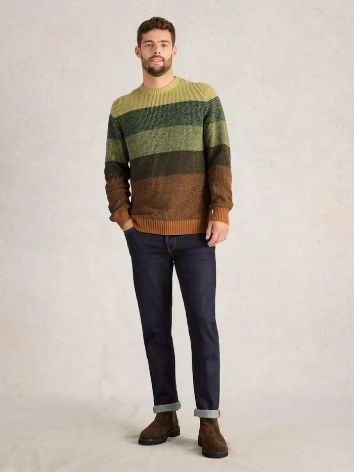 Men Twisted Colourblock Crew Green Multi White Stuff Knitwear