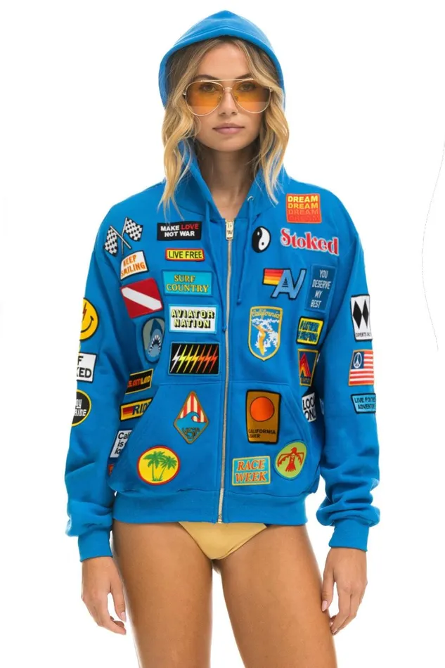 MenWomen Tops Aviator Nation VINTAGE PATCH ZIP HOODIE RELAXED 8211 OCEAN