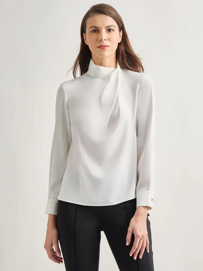 Misook Draped Crepe De Chine Mock Neck Blouse Women Blouses and Shirts