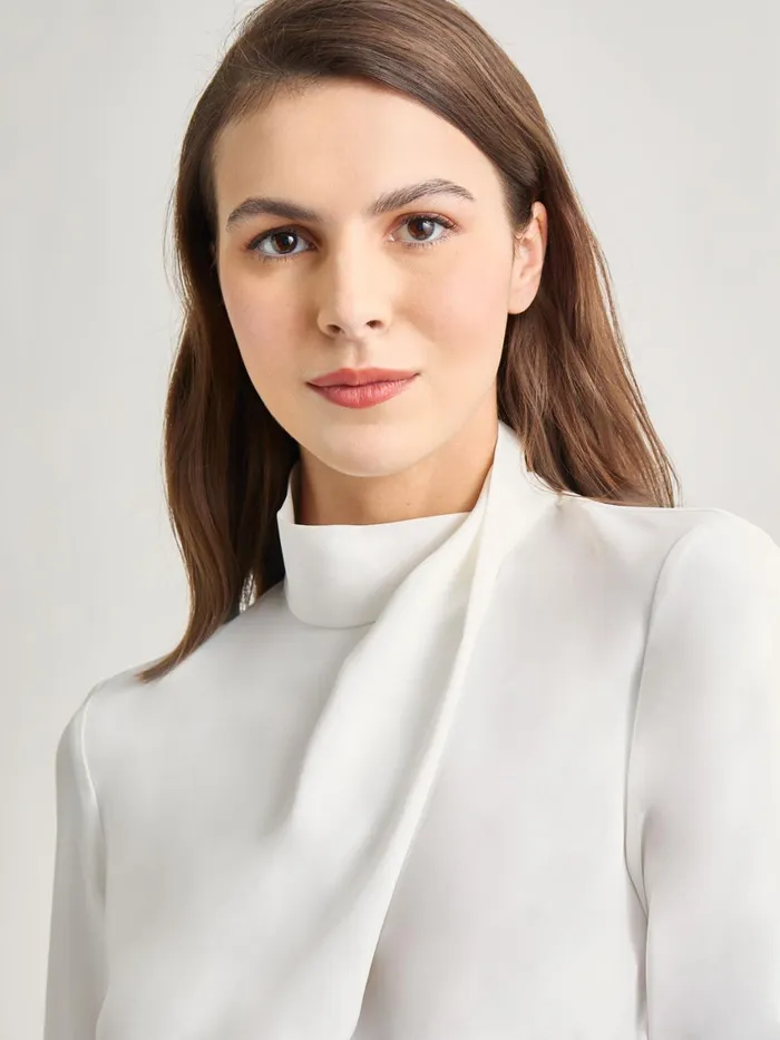 Misook Draped Crepe De Chine Mock Neck Blouse Women Blouses and Shirts Misook Draped Crepe De Chine Mock Neck Blouse Women Blouses and Shirts