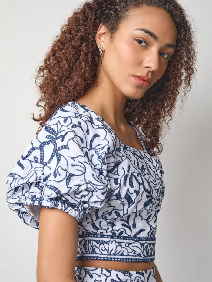 Misook Embroidered Floral Cropped Cotton Blouse Women Tops and Tees