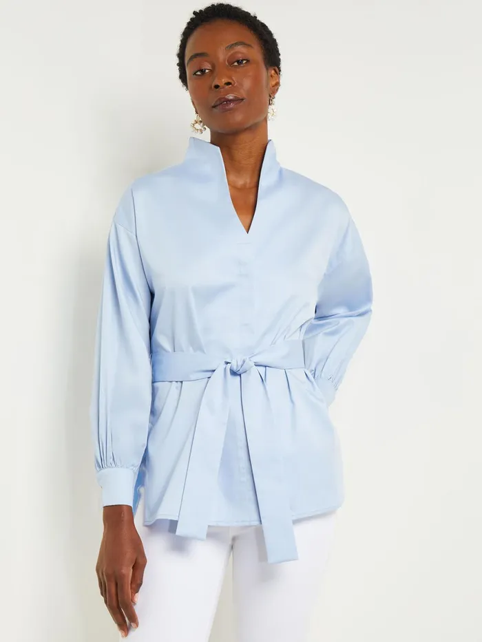 Misook Funnel Neck Belted Cotton Blouse Women Blouses and Shirts