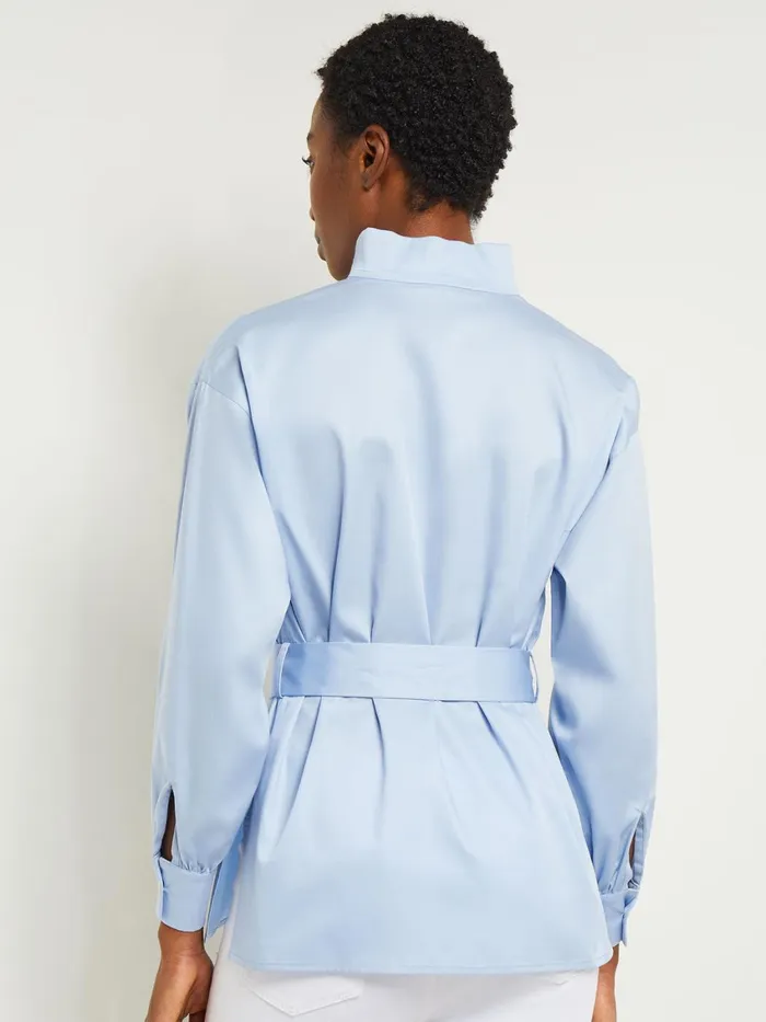 Misook Funnel Neck Belted Cotton Blouse Women Blouses and Shirts