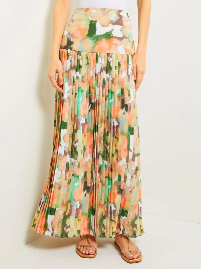 Misook Maxi Drop Waist Skirt 8211 Pleated Watercolor Woven Women Skirts