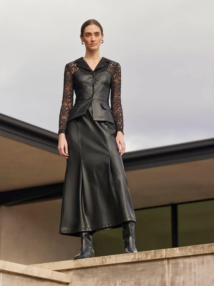 Misook Modern Fit Lace and Vegan Leather Corset Jacket Women Jackets and Coats