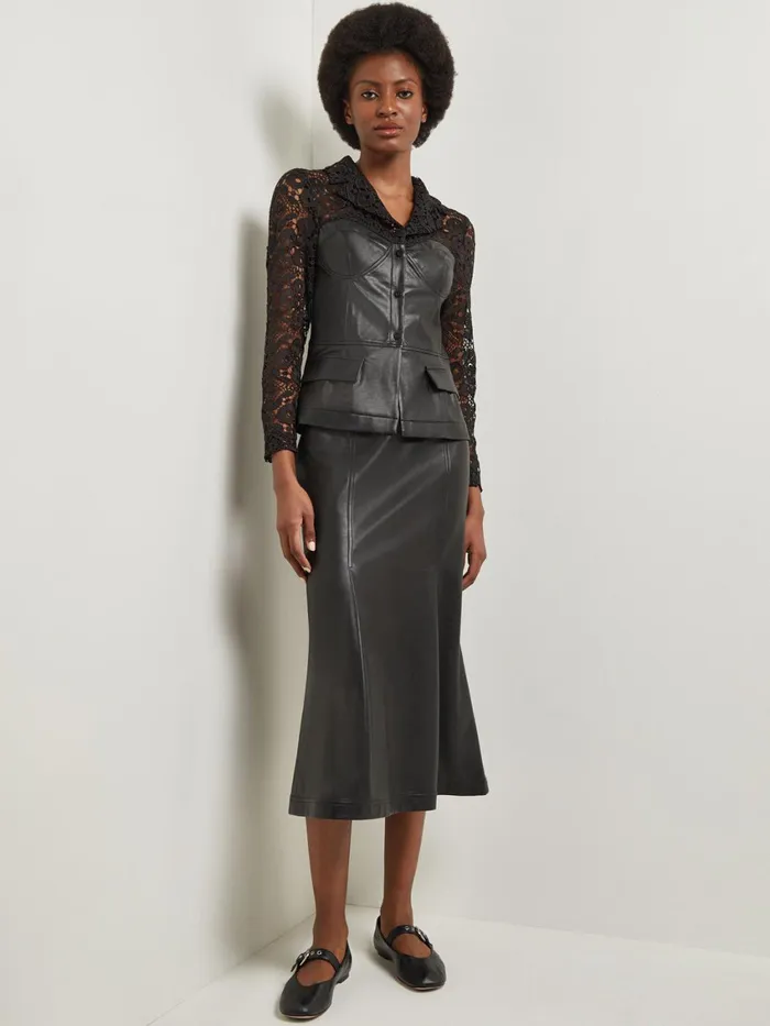 Misook Modern Fit Lace and Vegan Leather Corset Jacket Women Jackets and Coats Misook Modern Fit Lace and Vegan Leather Corset Jacket Women Jackets and Coats