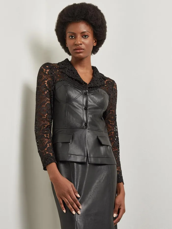 Misook Modern Fit Lace and Vegan Leather Corset Jacket Women Jackets and Coats Misook Modern Fit Lace and Vegan Leather Corset Jacket Women Jackets and Coats