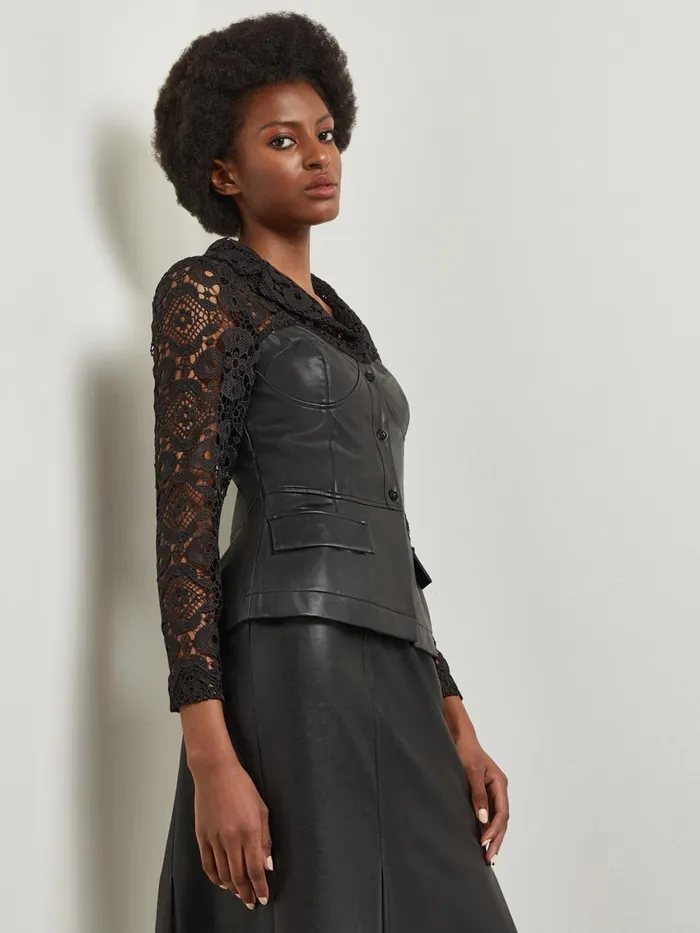 Misook Modern Fit Lace and Vegan Leather Corset Jacket Women Jackets and Coats Misook Modern Fit Lace and Vegan Leather Corset Jacket Women Jackets and Coats