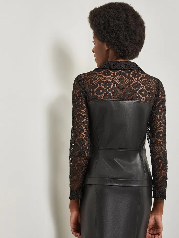 Misook Modern Fit Lace and Vegan Leather Corset Jacket Women Jackets and Coats Misook Modern Fit Lace and Vegan Leather Corset Jacket Women Jackets and Coats