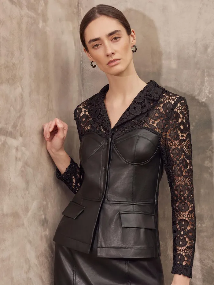 Misook Modern Fit Lace and Vegan Leather Corset Jacket Women Jackets and Coats Misook Modern Fit Lace and Vegan Leather Corset Jacket Women Jackets and Coats