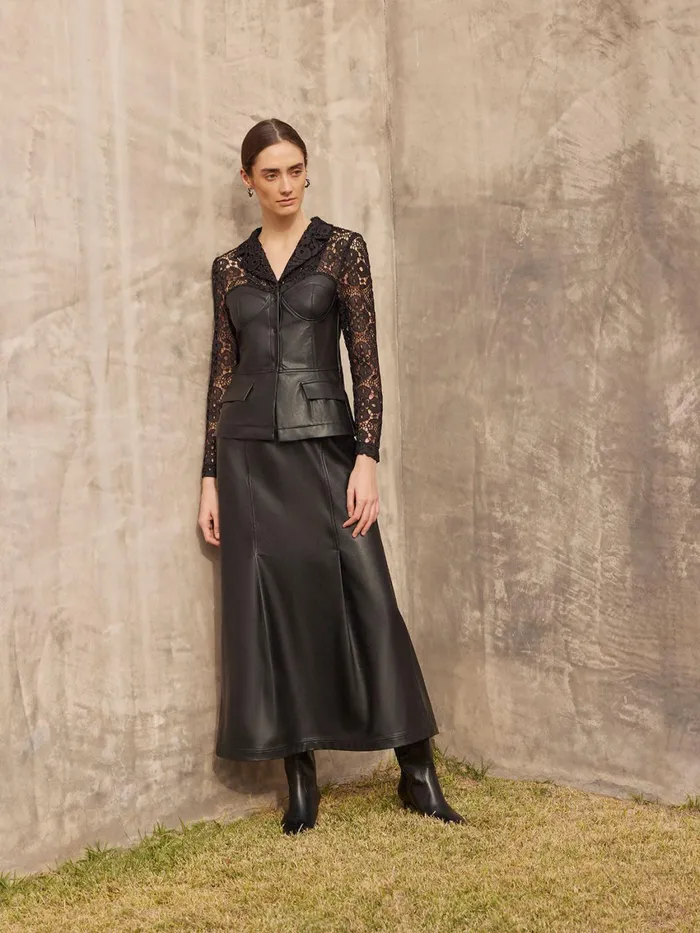 Misook Modern Fit Lace and Vegan Leather Corset Jacket Women Jackets and Coats Misook Modern Fit Lace and Vegan Leather Corset Jacket Women Jackets and Coats
