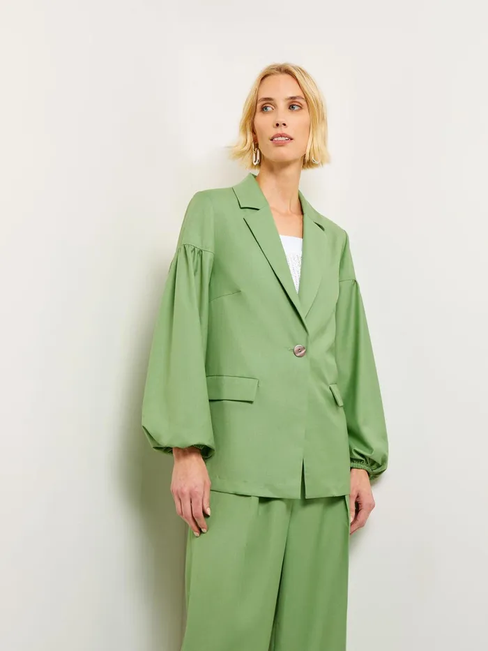 Misook Relaxed Fit One Button Jacket 8211 Balloon Sleeve Relaxed Woven Women Jackets and Coats