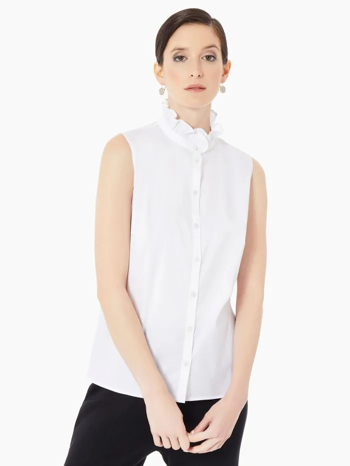 Misook Ruffle Neck Stretch Cotton Blouse Women Tops and Tees