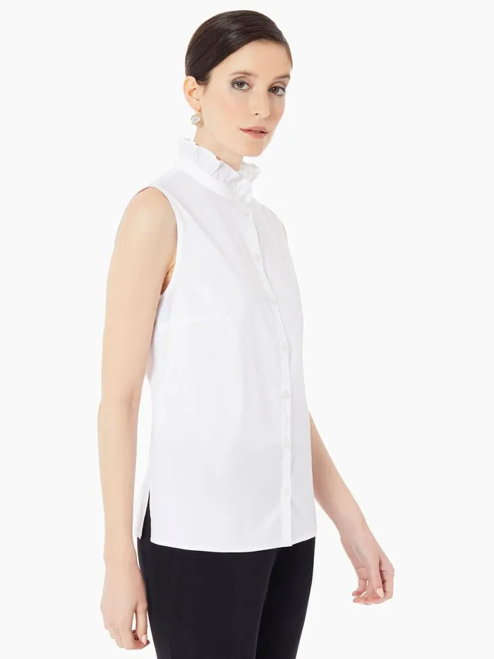 Misook Ruffle Neck Stretch Cotton Blouse Women Tops and Tees Misook Ruffle Neck Stretch Cotton Blouse Women Tops and Tees