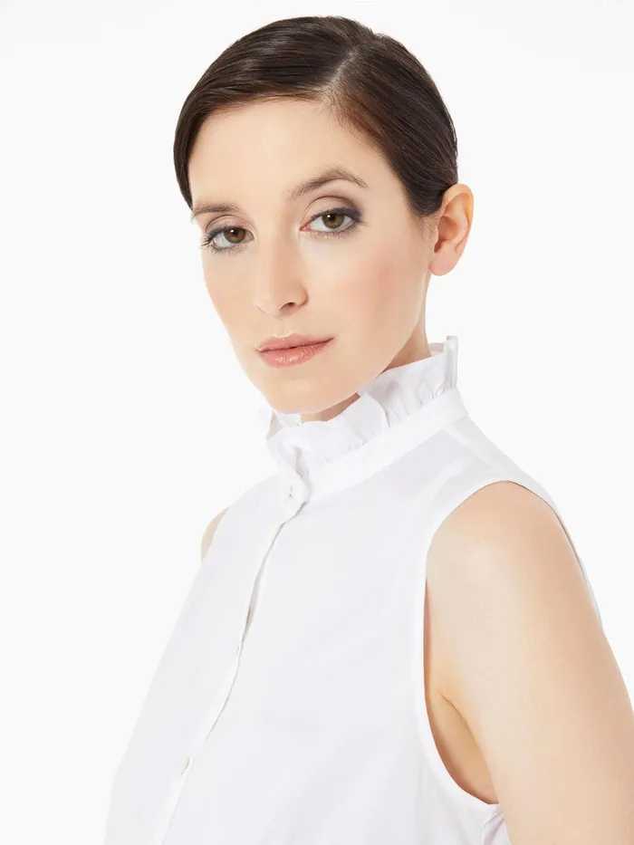 Misook Ruffle Neck Stretch Cotton Blouse Women Tops and Tees Misook Ruffle Neck Stretch Cotton Blouse Women Tops and Tees