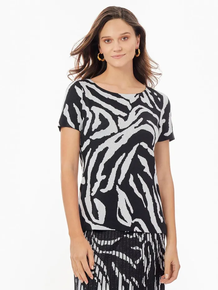 Misook Short Sleeve Zebra Soft Knit Top Women Tops and Tees