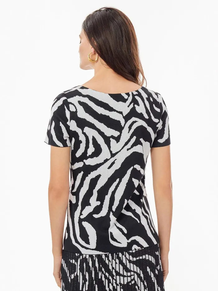 Misook Short Sleeve Zebra Soft Knit Top Women Tops and Tees