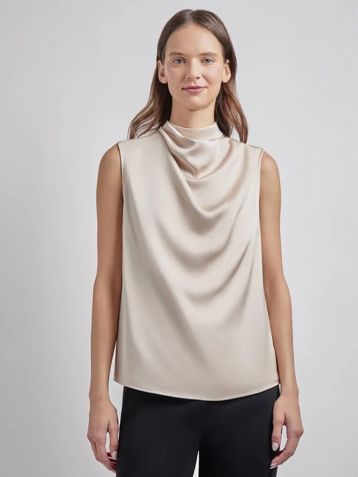 Misook Sleeveless High Neck Draped Crepe De Chine Blouse Women Tops and Tees
