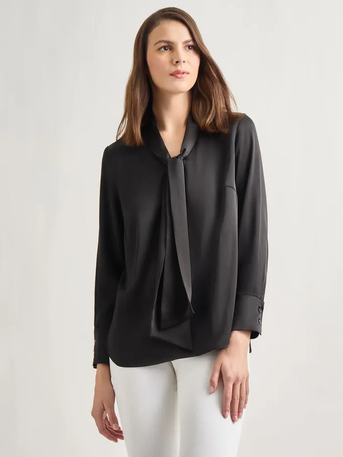 Misook Solid Tie Neck Crepe De Chine Blouse Women Blouses and Shirts