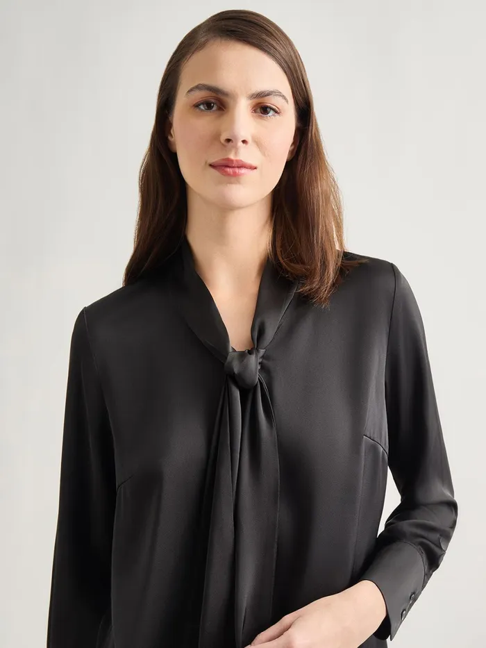 Misook Solid Tie Neck Crepe De Chine Blouse Women Blouses and Shirts