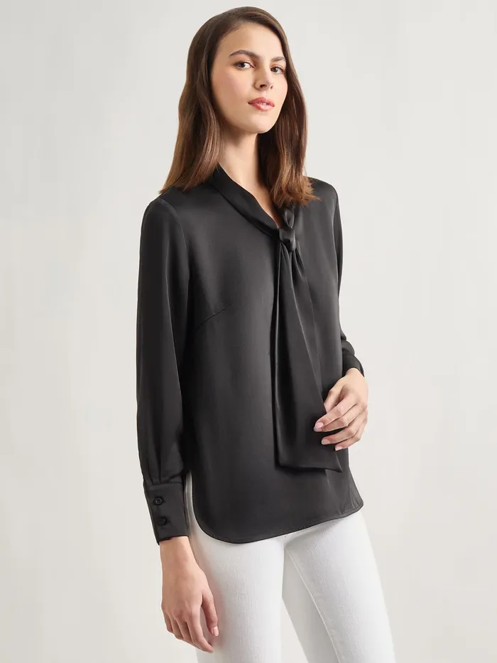 Misook Solid Tie Neck Crepe De Chine Blouse Women Blouses and Shirts