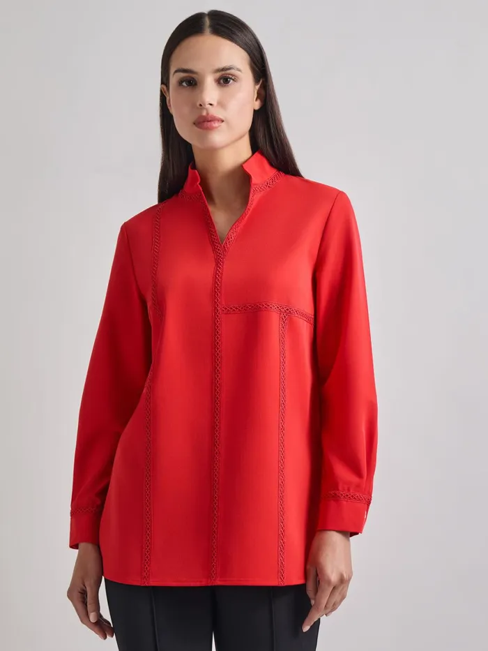 Misook Soutache Detail Tonal Stretch Crepe Tunic Women Blouses and Shirts