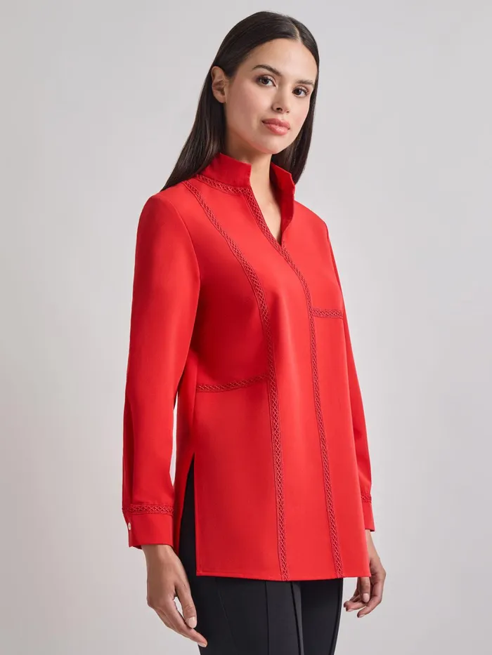 Misook Soutache Detail Tonal Stretch Crepe Tunic Women Blouses and Shirts