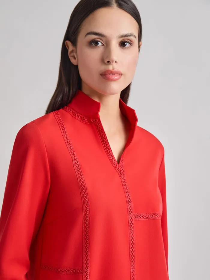 Misook Soutache Detail Tonal Stretch Crepe Tunic Women Blouses and Shirts
