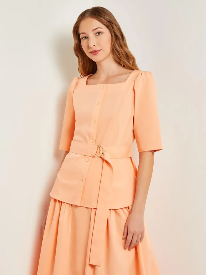 Misook Square Neck Button Front Blouse 8211 Belted Faux Cupro Silk Women Tops and Tees