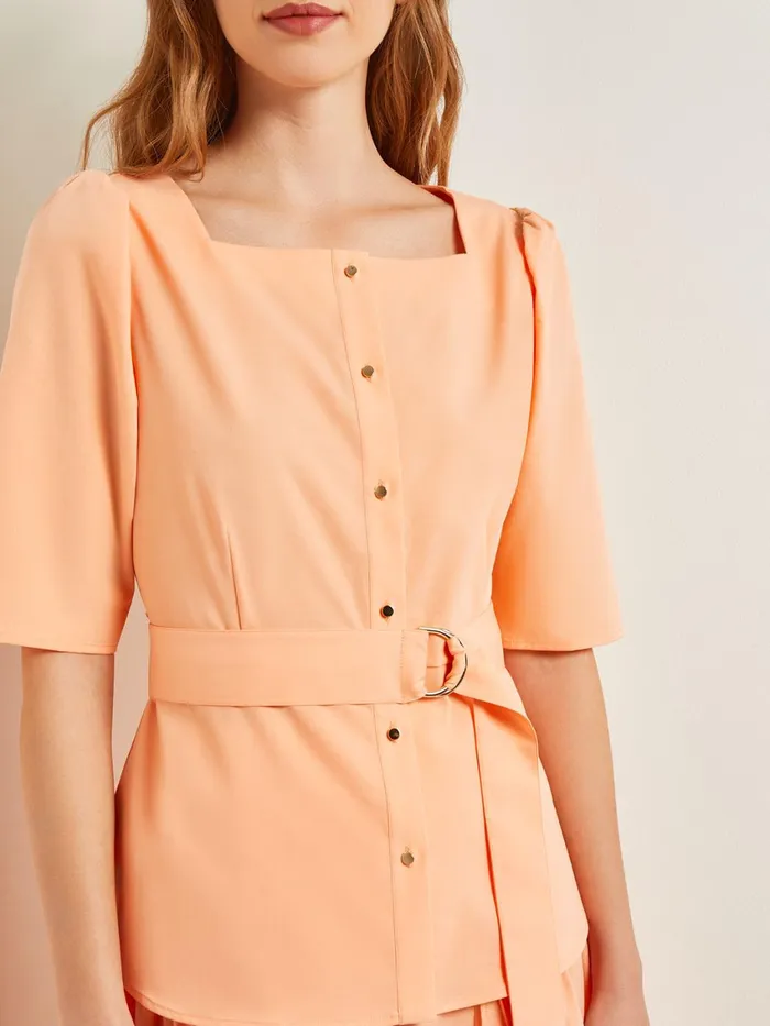 Misook Square Neck Button Front Blouse 8211 Belted Faux Cupro Silk Women Tops and Tees