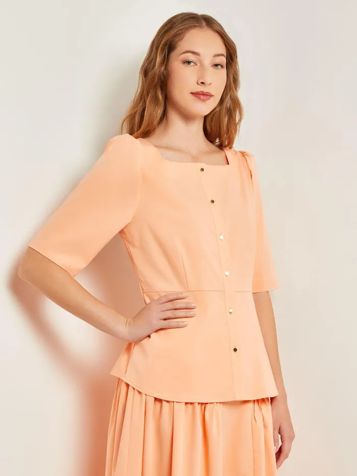 Misook Square Neck Button Front Blouse 8211 Belted Faux Cupro Silk Women Tops and Tees