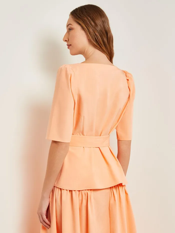 Misook Square Neck Button Front Blouse 8211 Belted Faux Cupro Silk Women Tops and Tees