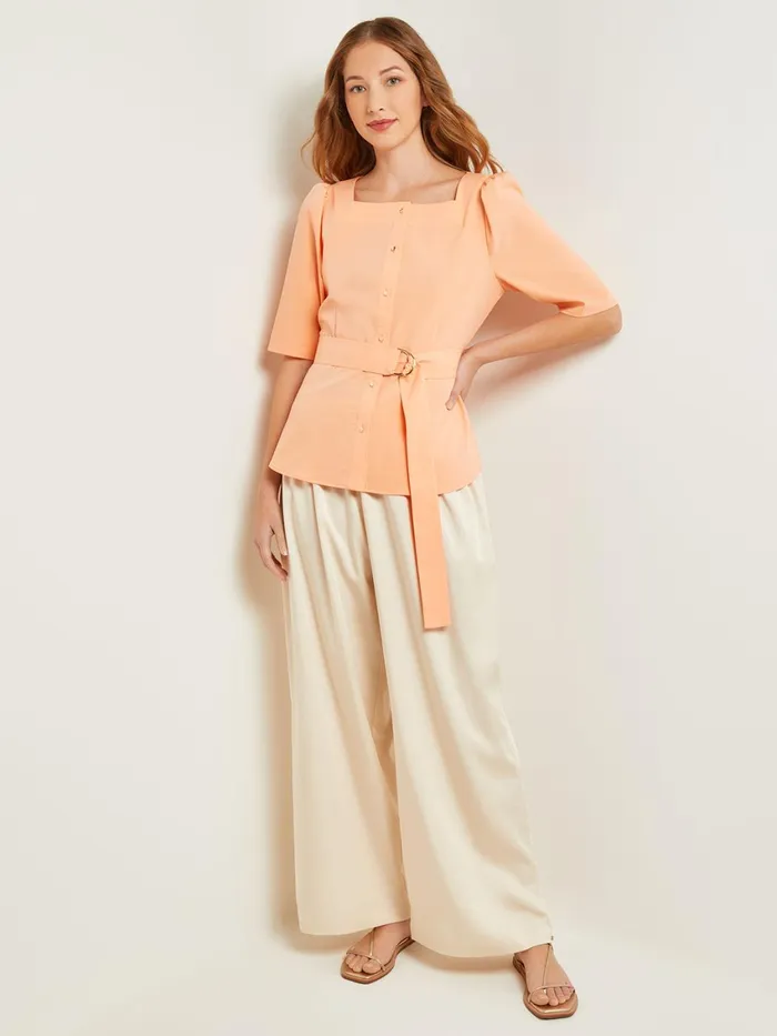 Misook Square Neck Button Front Blouse 8211 Belted Faux Cupro Silk Women Tops and Tees