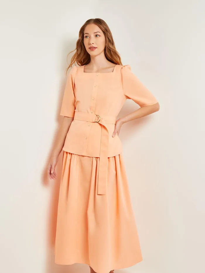 Misook Square Neck Button Front Blouse 8211 Belted Faux Cupro Silk Women Tops and Tees