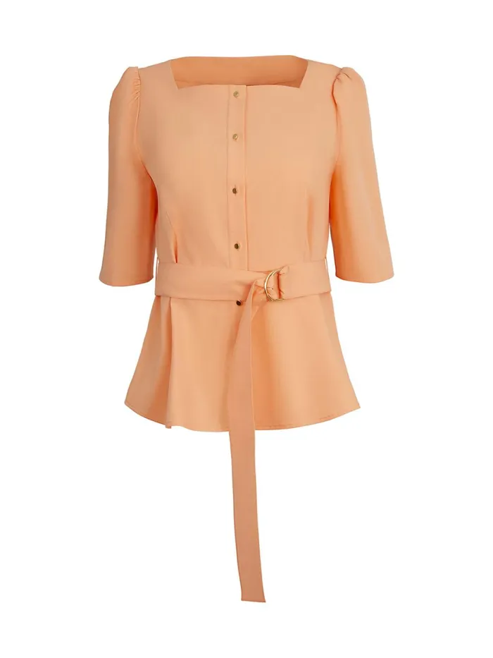 Misook Square Neck Button Front Blouse 8211 Belted Faux Cupro Silk Women Tops and Tees
