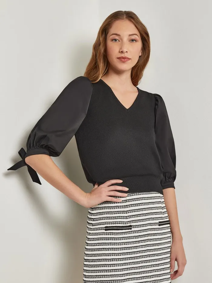 Misook TieDetail Puff Sleeve Blouse 8211 Mixed Media Women Tops and Tees