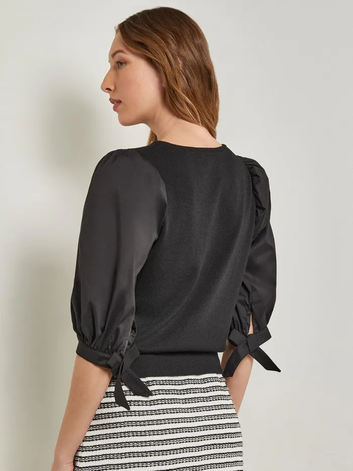 Misook TieDetail Puff Sleeve Blouse 8211 Mixed Media Women Tops and Tees Misook TieDetail Puff Sleeve Blouse 8211 Mixed Media Women Tops and Tees