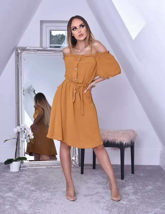 Monica Mustard Horn Button Bardot Shirt Dress Women Missfiga Midi Dresses