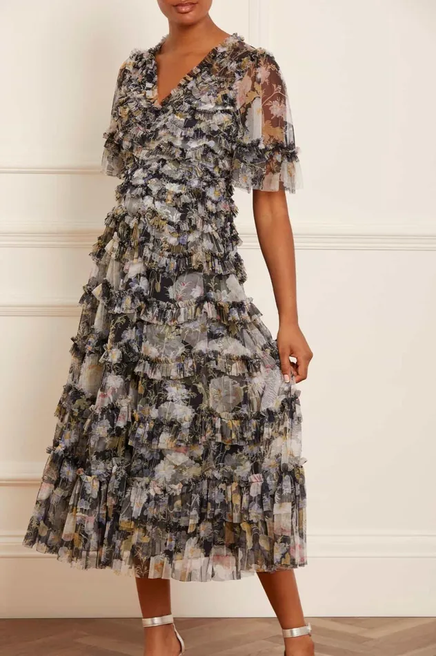 Moonlight Petals VNeck Ballerina Dress Black Women Needle and Thread Dresses